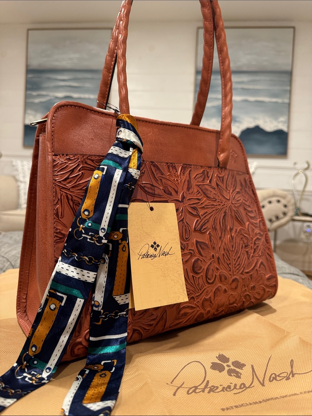 Patricia Nash Bag Large Paris Spring Floral Tooled Embossed Brown Leather Tote - Picture 3 of 17